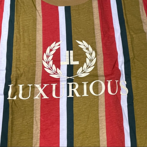 Luxurious Stripped Beige & Gold Short Sleeve Mens L, XL Tee Shirts - Picture 2 of 8